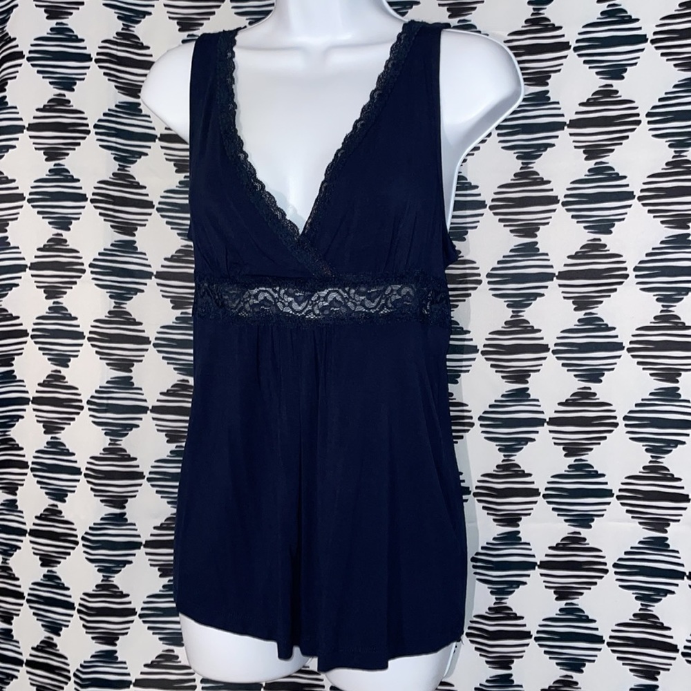 Navy vneck tank top with see through lace waist